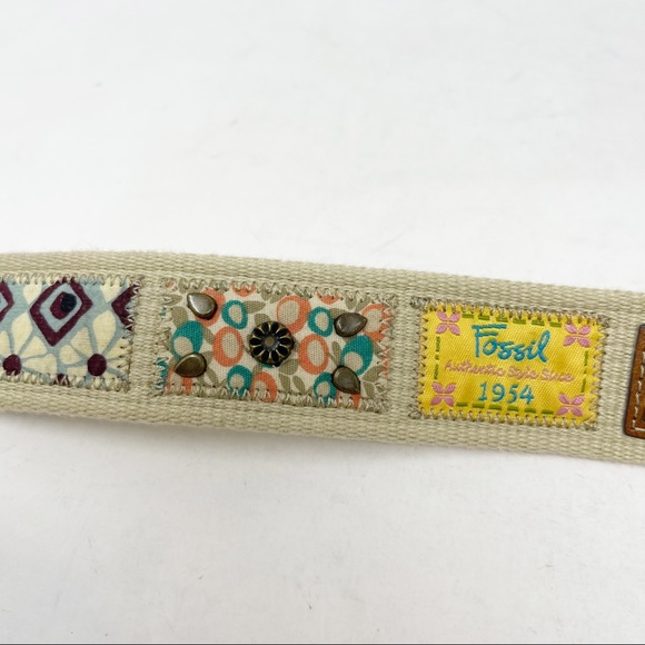 FOSSIL Women’s Canvas Leather Patchwork Belt Brass Hardware - Picture 7 of 8